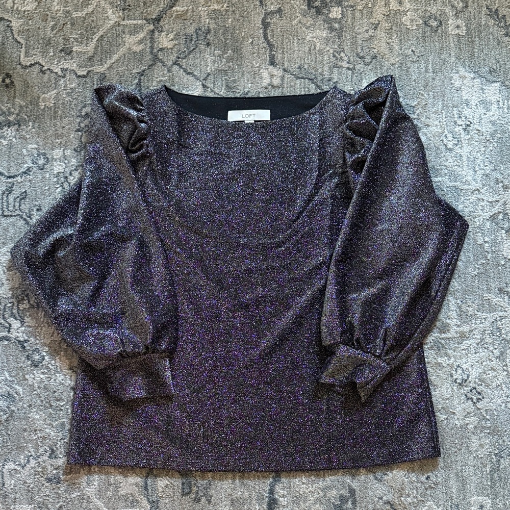 LOFT Shimmering Silver Blouse with Ruffled Sleeves